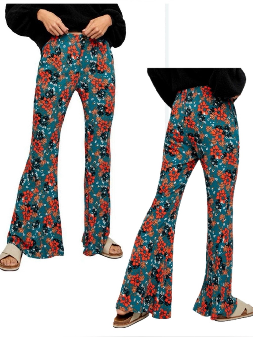 Free People Floral Bell Bottom Flare Pants Teal Orange Hippie Boho 70s Sz M
